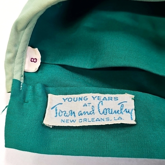 Vtg Green Girls Dress W/vine Applique Tie & Button Back Box Pleats - Picture 5 of 8